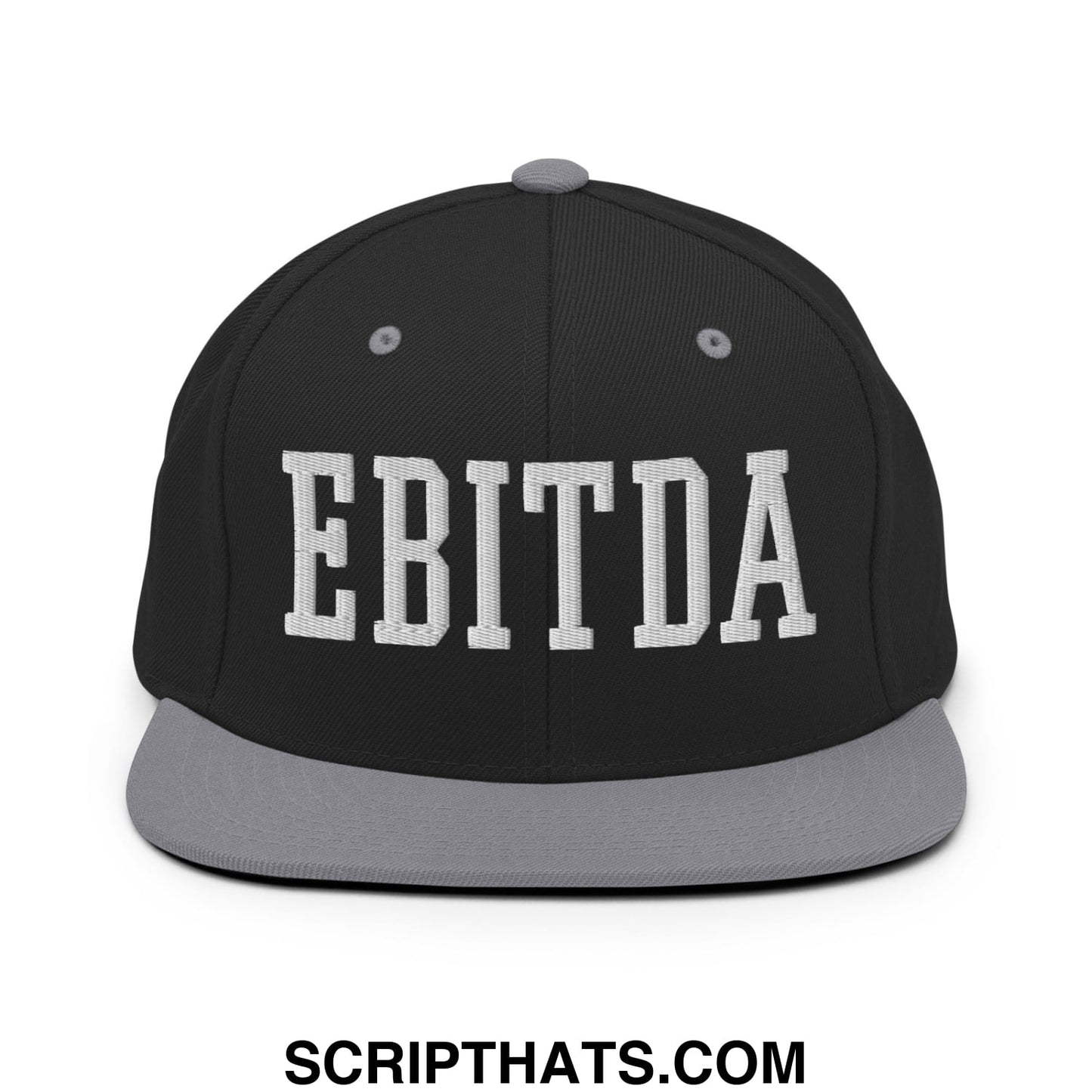 Black snapback hat with gray flat bill brim and white embroidered EBITDA lettering for casual wear