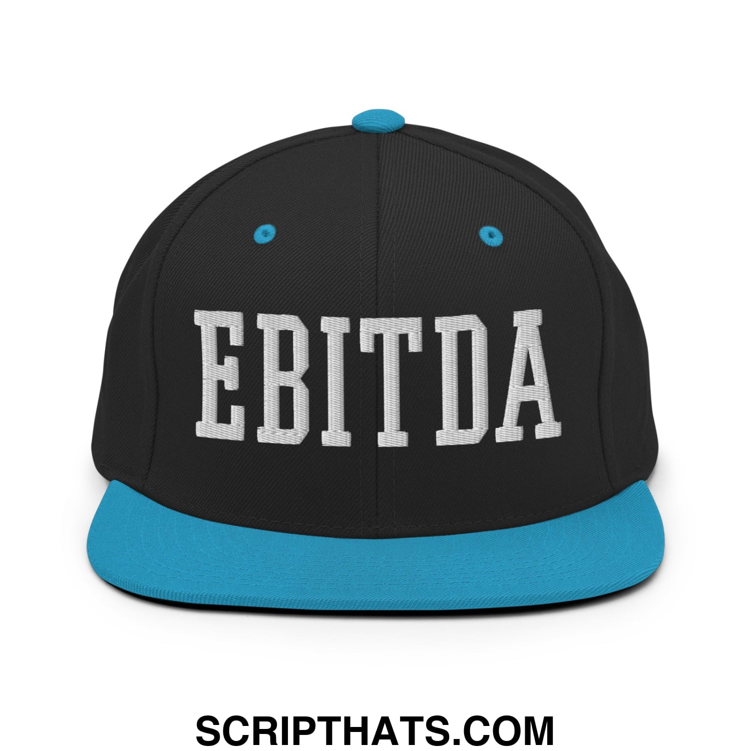 Black snapback hat with white embroidered ebitda lettering and turquoise flat bill brim and button
