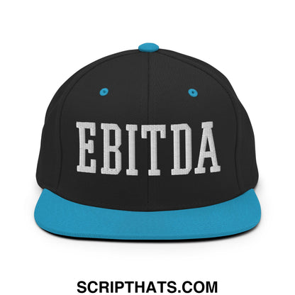 Black snapback hat with white embroidered ebitda lettering and turquoise flat bill brim and button