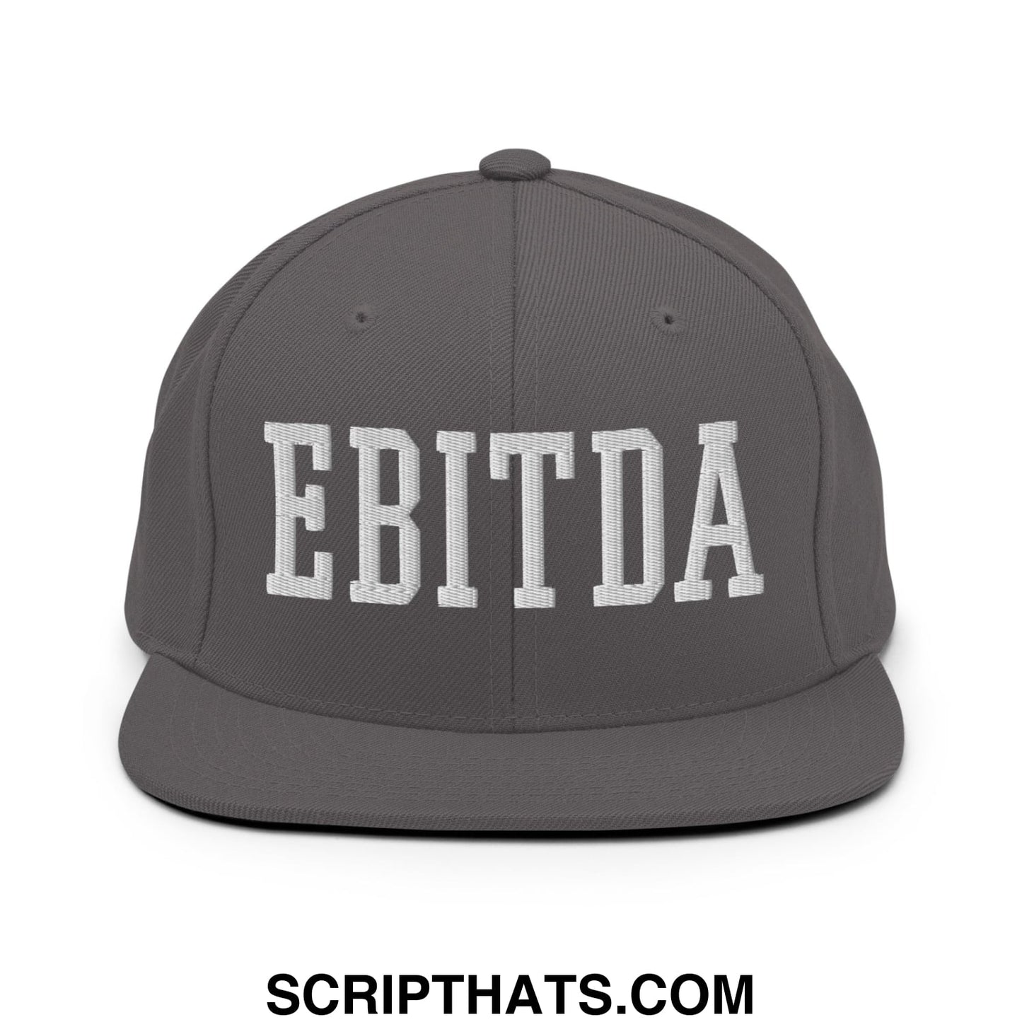 Gray snapback hat with white embroidered ebitda lettering and a flat bill brim perfect for casual wear