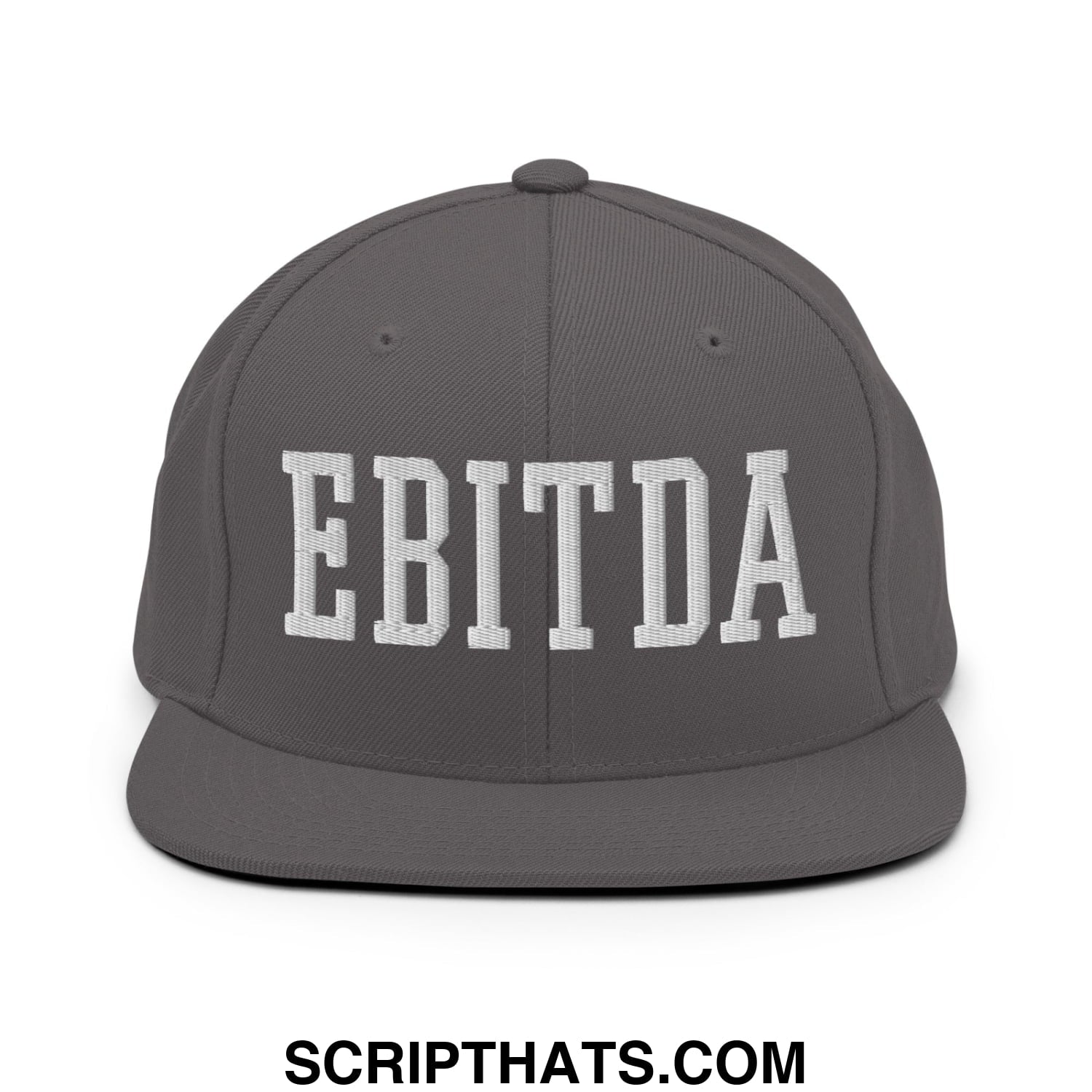 Gray snapback hat with white embroidered ebitda lettering and a flat bill brim perfect for casual wear
