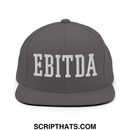 Gray snapback hat with white embroidered ebitda lettering and a flat bill brim perfect for casual wear