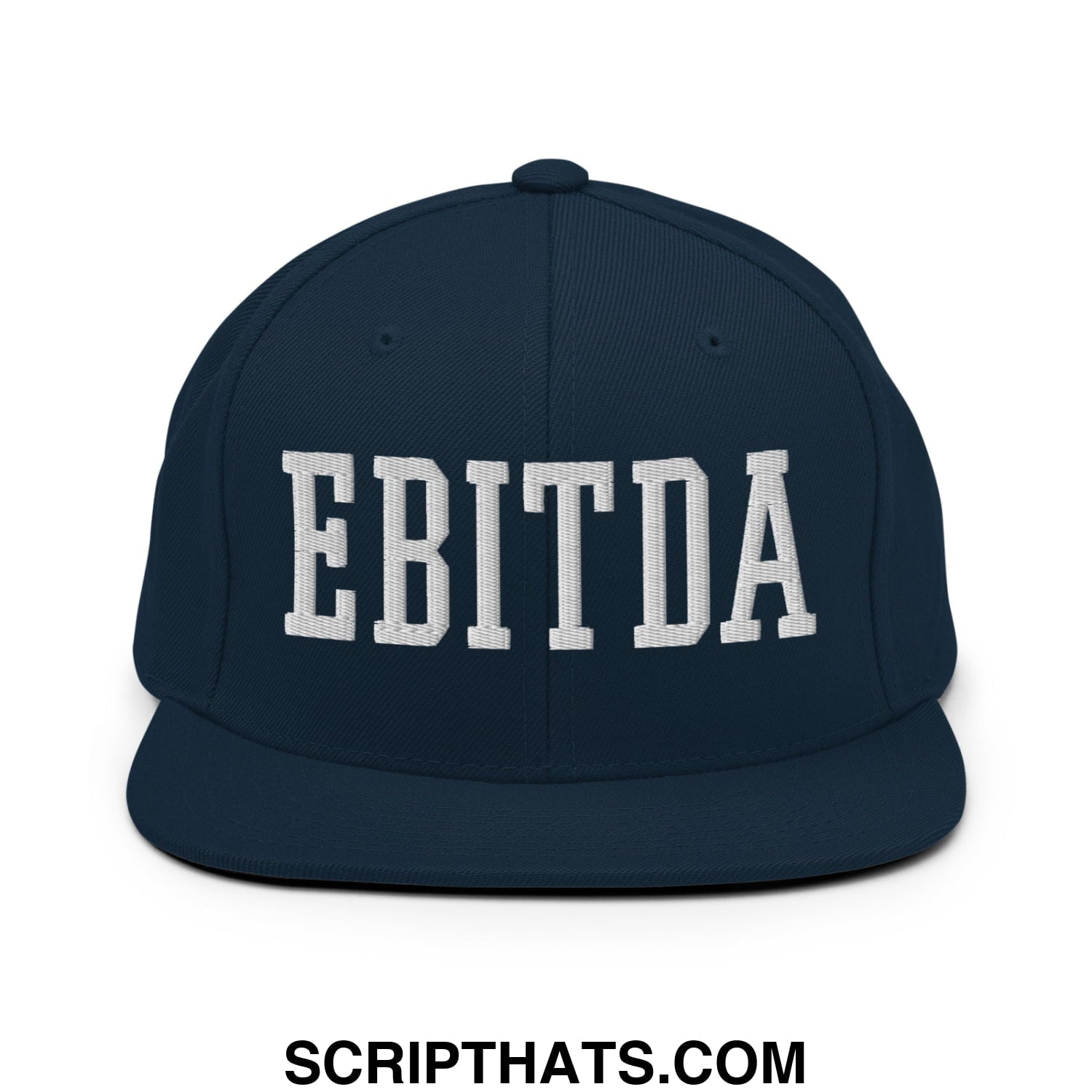Navy blue snapback hat with white embroidered EBITDA lettering and flat bill brim for casual wear