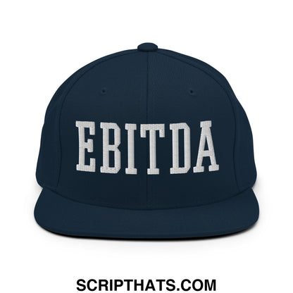 Navy blue snapback hat with white embroidered EBITDA lettering and flat bill brim for casual wear