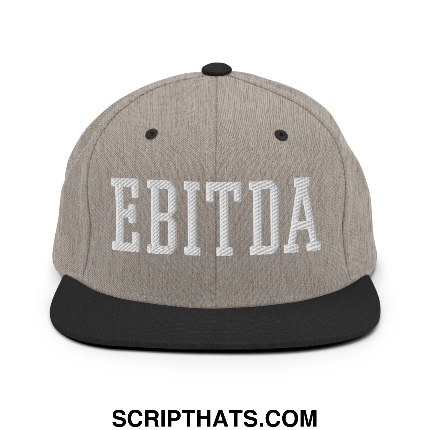 Gray heather snapback cap with black brim and white embroidered ebitda lettering on the front panel