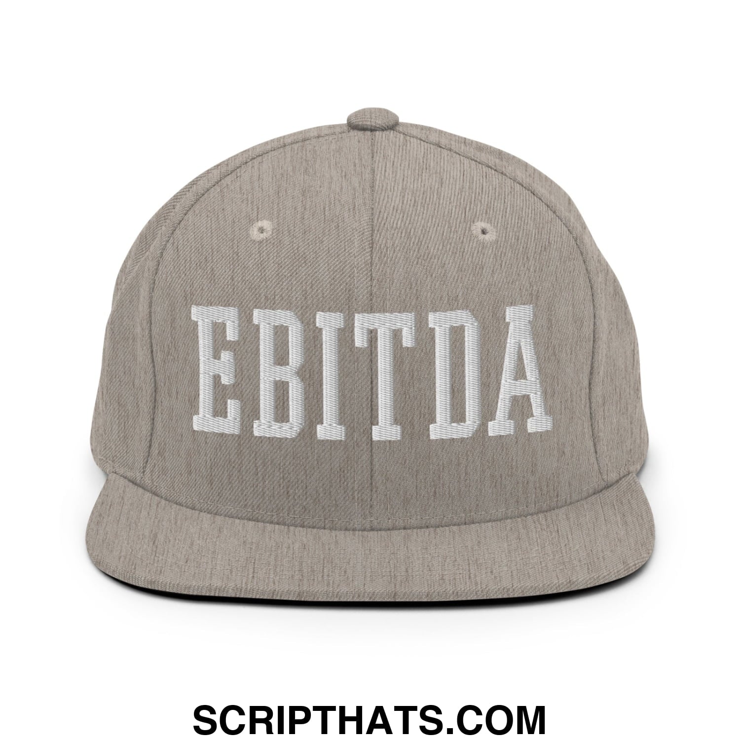 Gray flat bill brim snapback hat with white embroidered ebitda lettering in a casual streetwear style