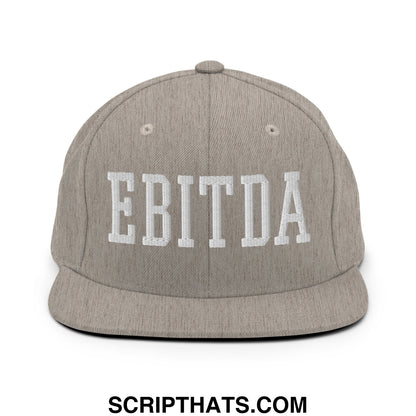 Gray flat bill brim snapback hat with white embroidered ebitda lettering in a casual streetwear style
