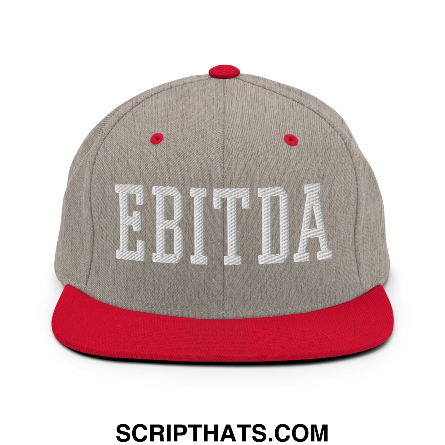 Gray and red snapback hat with white embroidered ebitda lettering and flat bill brim perfect for casual wear