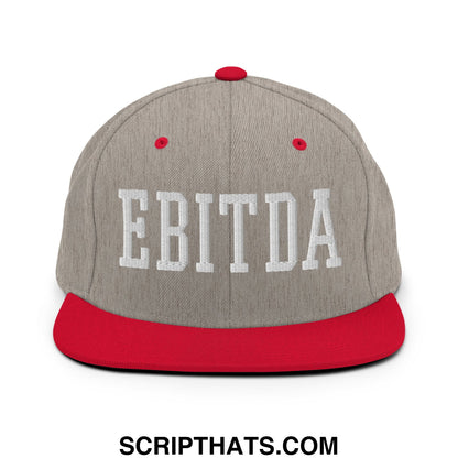 Gray and red snapback hat with white embroidered ebitda lettering and flat bill brim perfect for casual wear