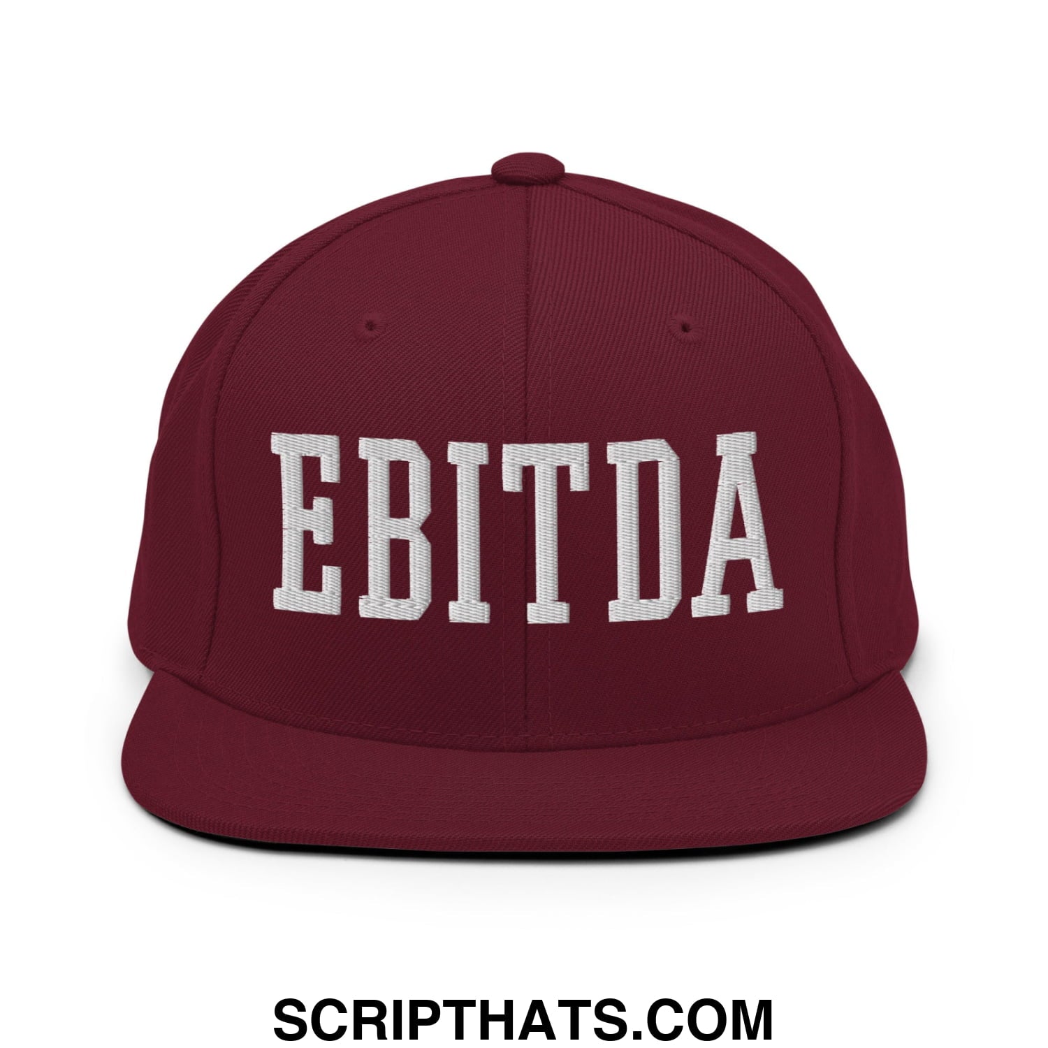 Maroon flat bill brim snapback hat with white embroidered ebitda lettering perfect for casual wear
