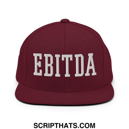 Maroon flat bill brim snapback hat with white embroidered ebitda lettering perfect for casual wear