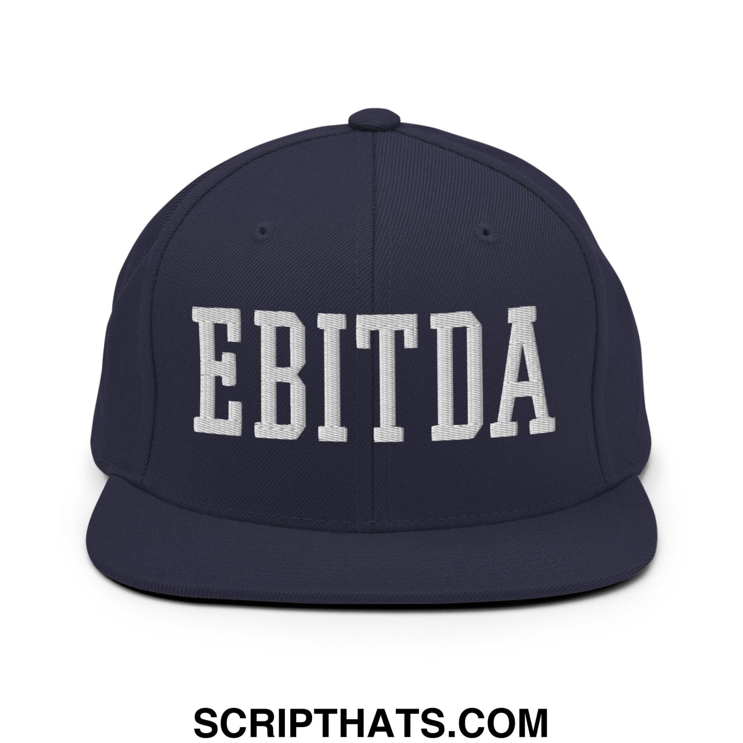 Navy blue snapback hat with white embroidered ebitda lettering and flat bill brim designed for casual wear