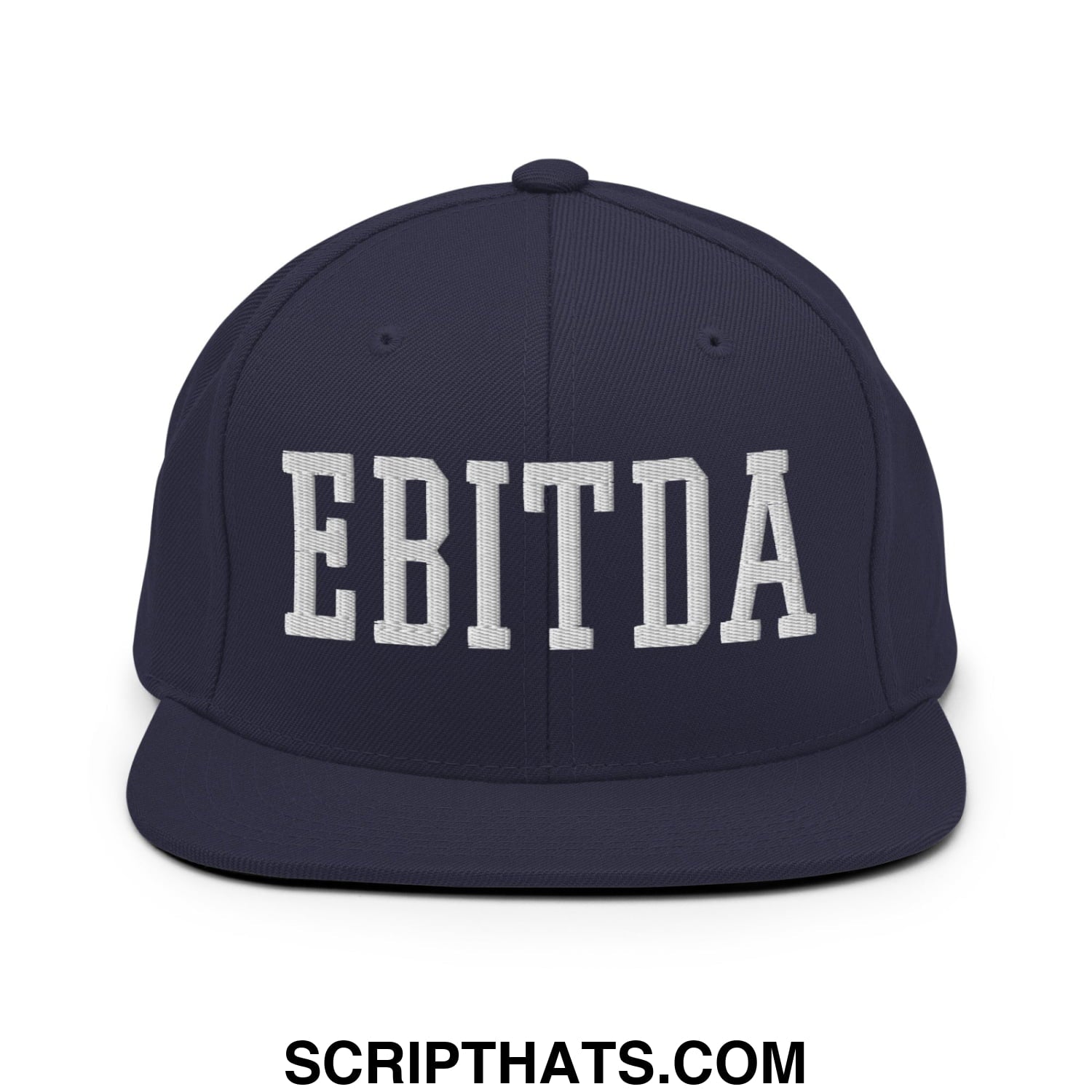 Navy blue snapback hat with white embroidered ebitda lettering and flat bill brim designed for casual wear