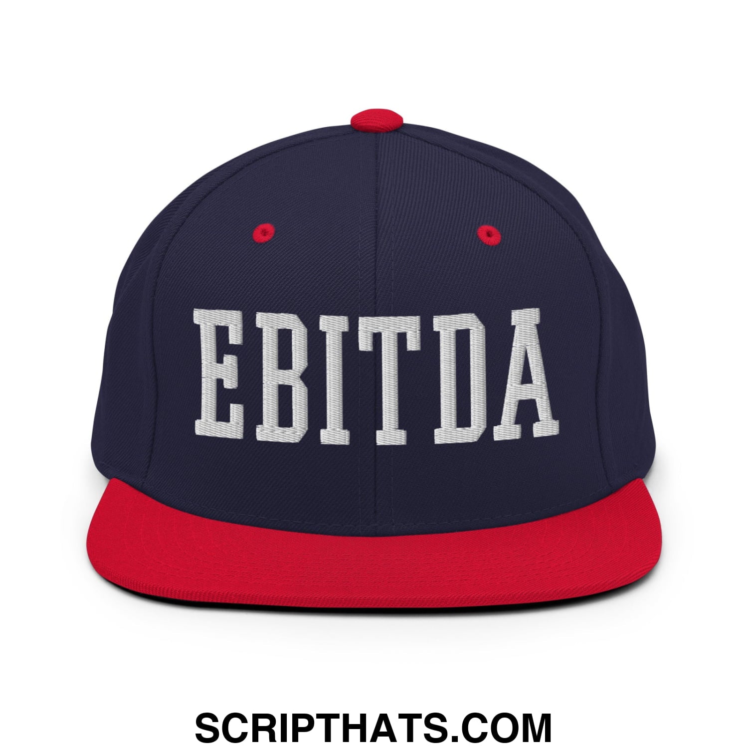 Navy blue and red snapback hat with white embroidered ebitda flat bill brim for casual wear