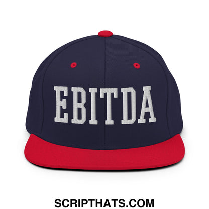 Navy blue and red snapback hat with white embroidered ebitda flat bill brim for casual wear