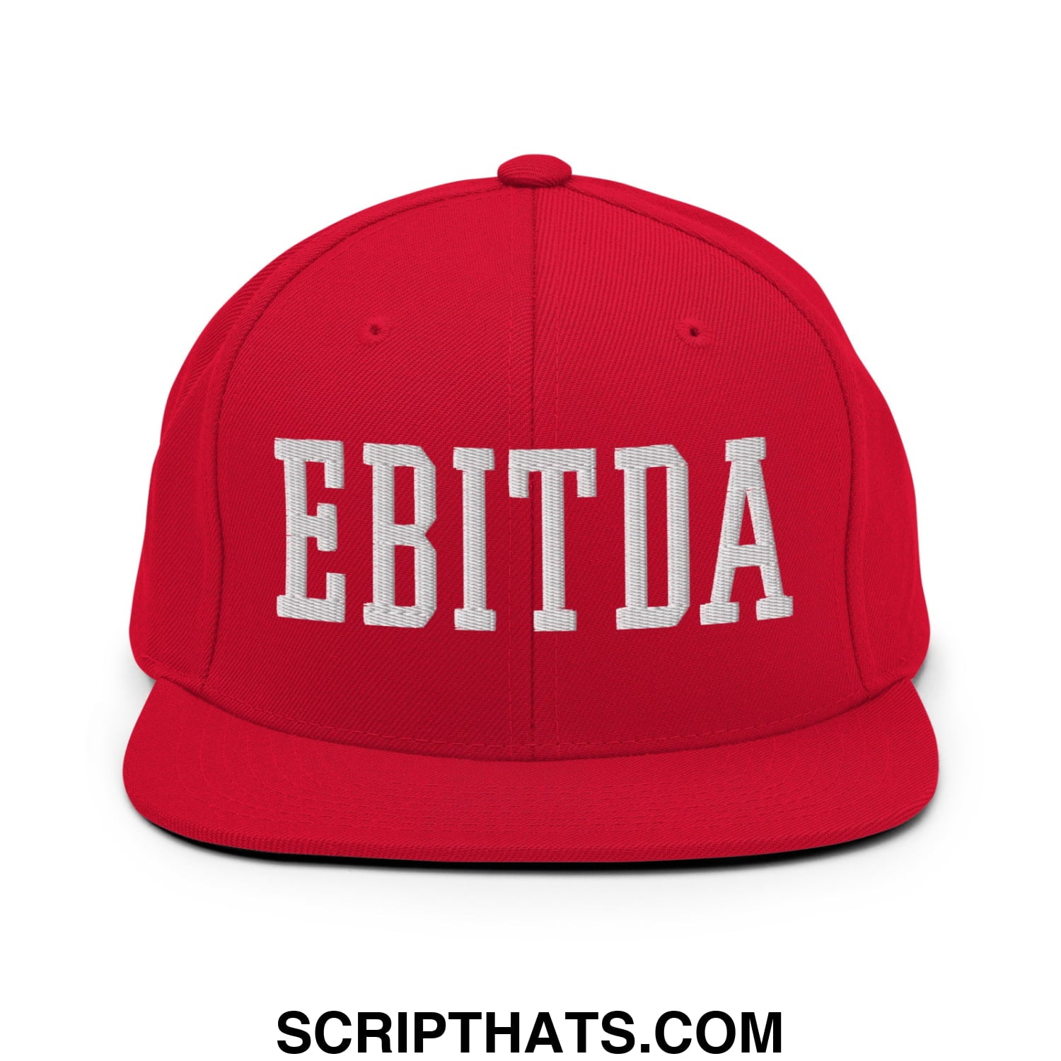 Red snapback hat with white embroidered ebitda lettering and flat bill brim for casual wear