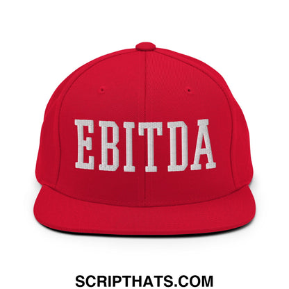 Red snapback hat with white embroidered ebitda lettering and flat bill brim for casual wear