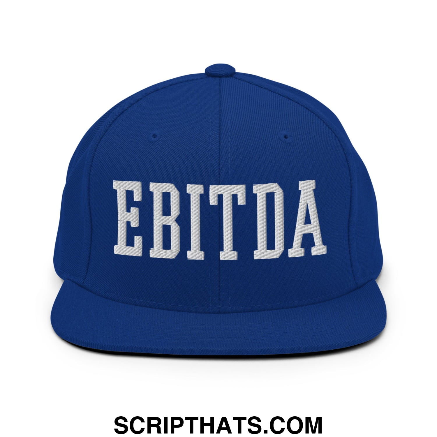 Royal blue snapback hat with white embroidered EBITDA lettering and flat bill brim for casual wear