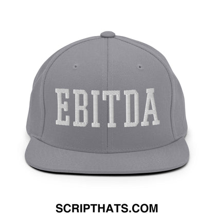 Gray snapback hat with white embroidered ebitda lettering and flat bill brim for casual wear