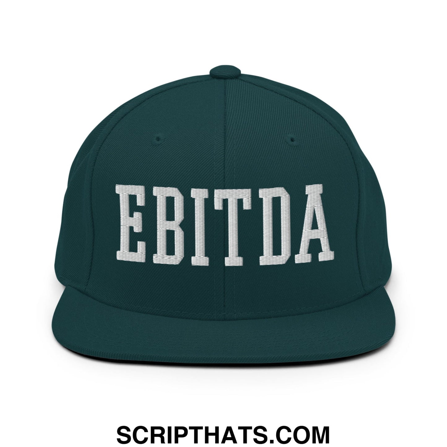 Dark green snapback hat with white embroidered ebitda lettering and flat bill brim for casual wear
