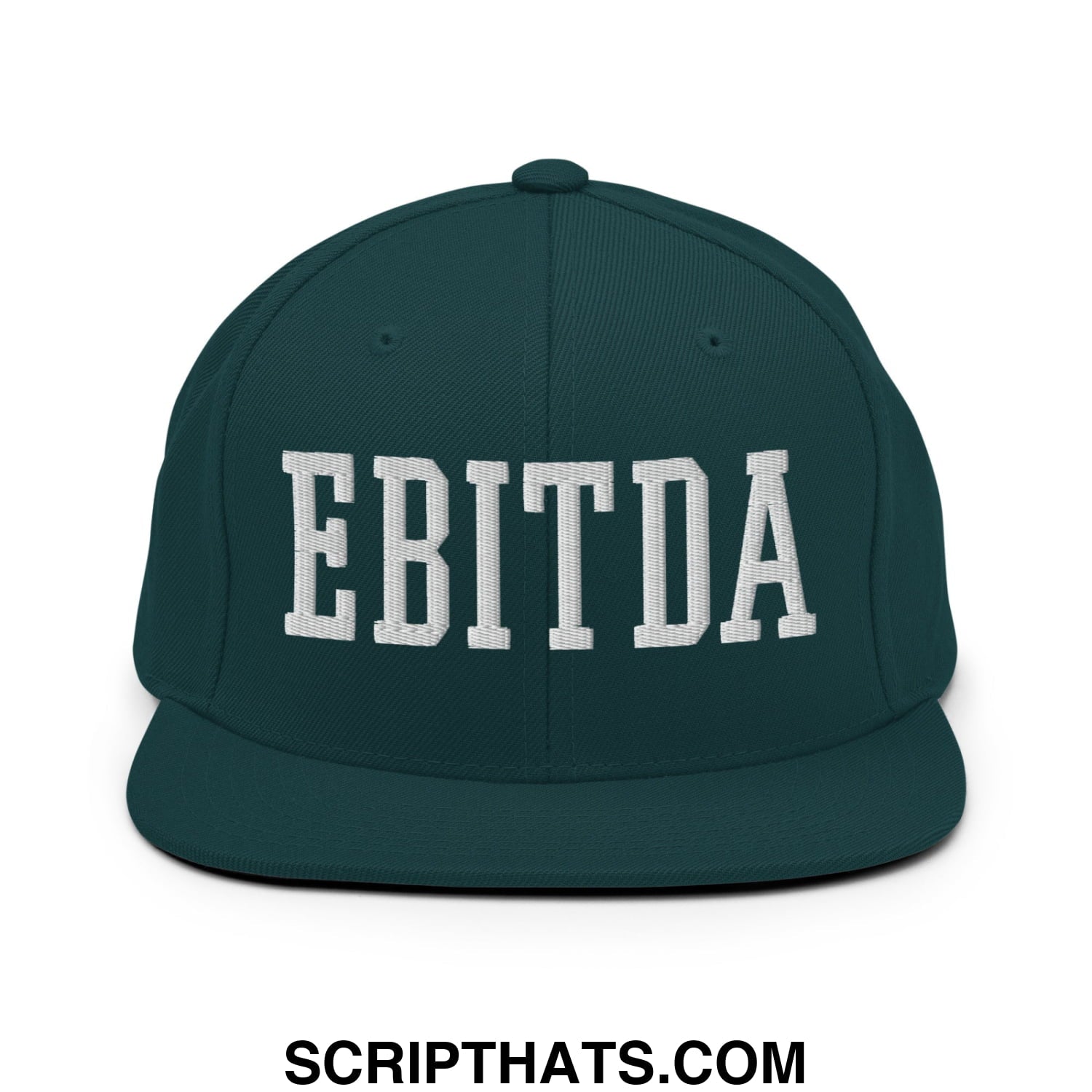 Dark green snapback hat with white embroidered ebitda lettering and flat bill brim for casual wear