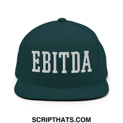 Dark green snapback hat with white embroidered ebitda lettering and flat bill brim for casual wear