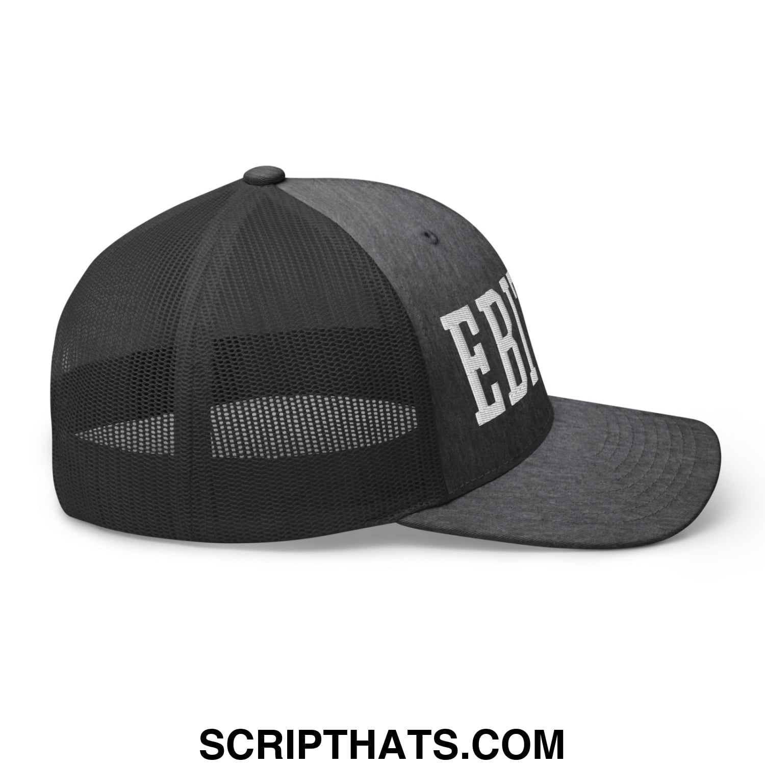 Black trucker cap with mesh back and white embroidered EBITDA lettering on front for casual wear