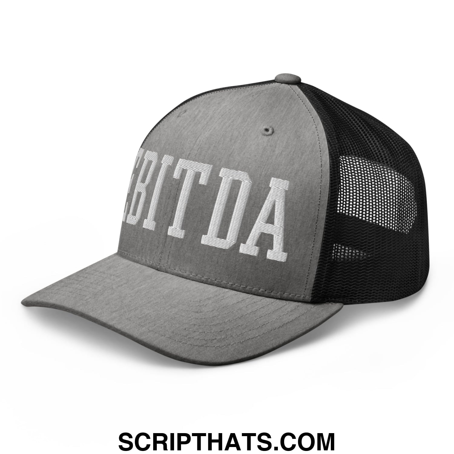 Gray and black mesh trucker hat with white EBITDA embroidered lettering on the front panel