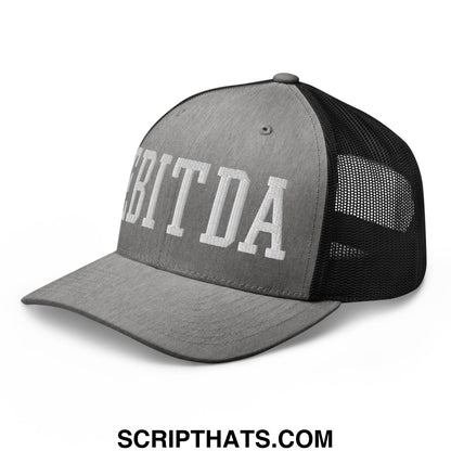 Gray and black mesh trucker hat with white EBITDA embroidered lettering on the front panel