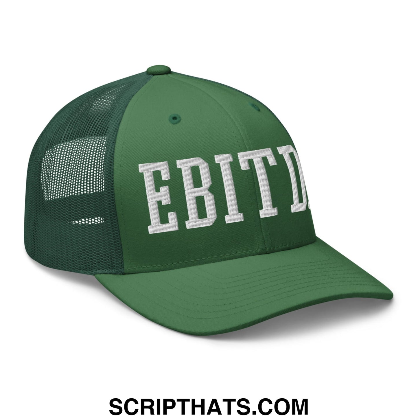 Dark green mesh trucker hat with white embroidered ebitda lettering on the front for casual wear