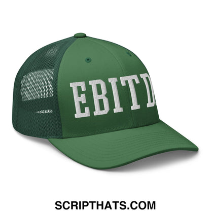 Dark green mesh trucker hat with white embroidered ebitda lettering on the front for casual wear