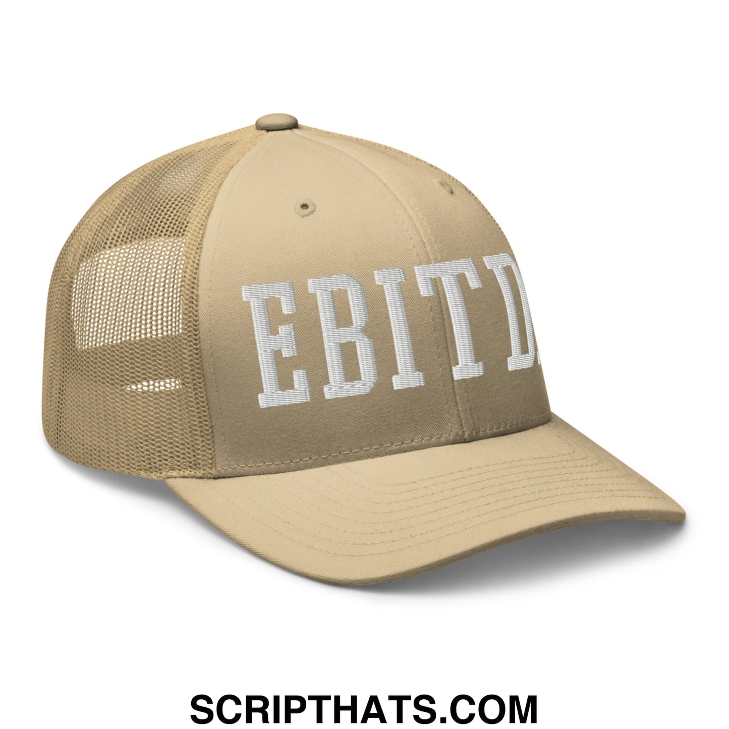 Beige mesh trucker hat with white embroidered ebitd lettering on the front for casual wear