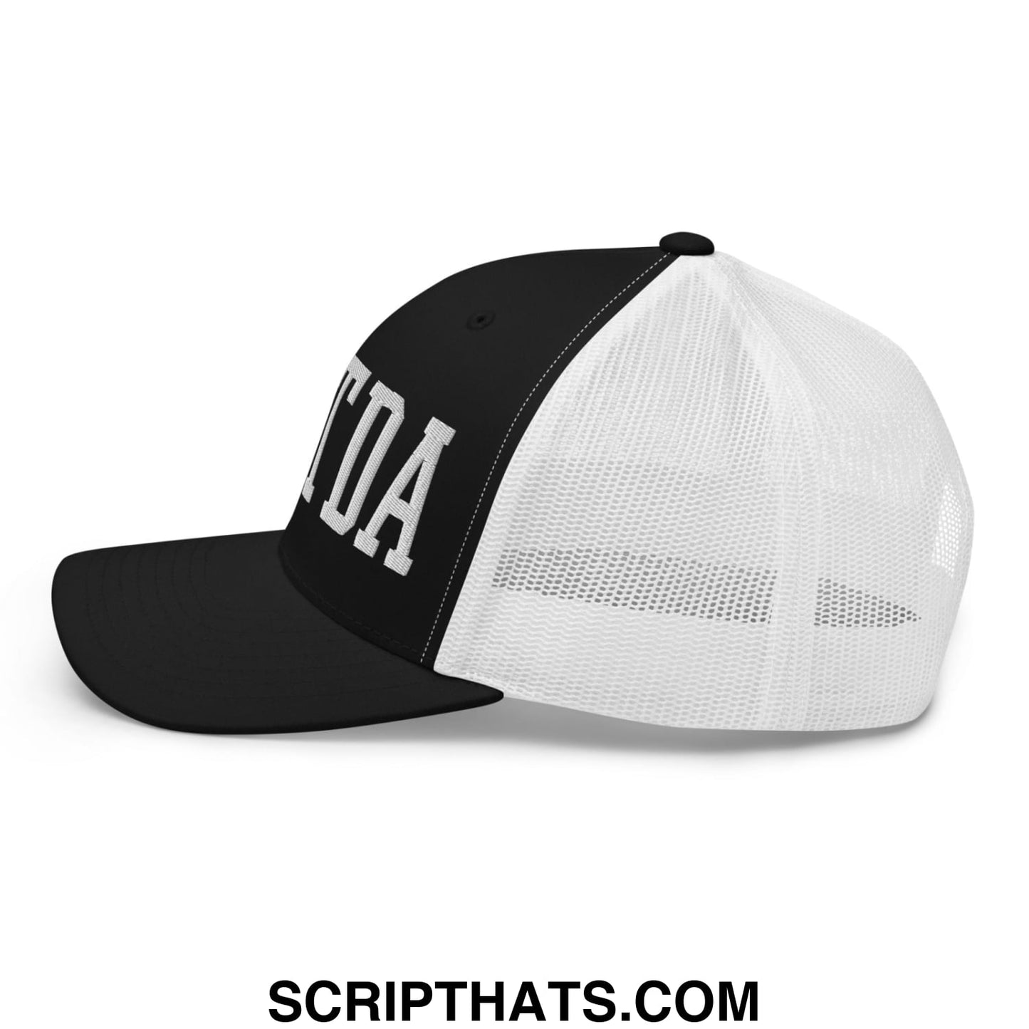 Black and white EBITDA embroidered mesh trucker hat with ida bold raised lettering on the front panel