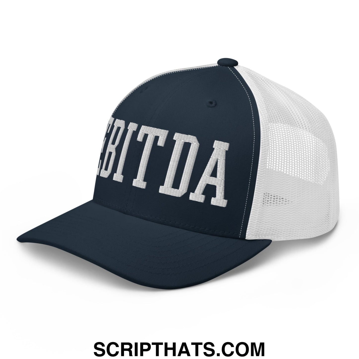 Navy blue and white mesh trucker hat with embroidered bitda lettering across the front for casual wear