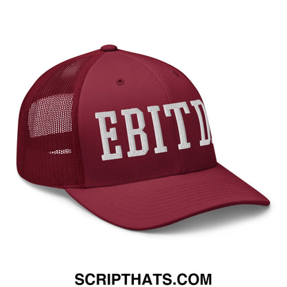 Maroon mesh trucker hat with white embroidered ebitda lettering across the front for casual wear