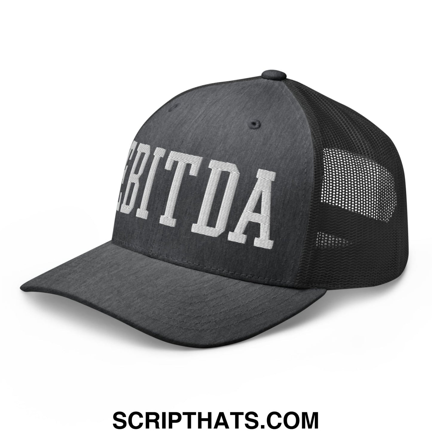 Black mesh trucker hat with white embroidered bitda lettering across the front in an ebitda embroidered mesh trucker hat