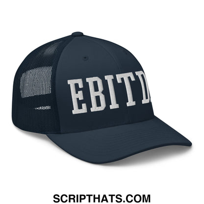 Dark navy mesh trucker hat with white embroidered ebitda lettering across the front panel
