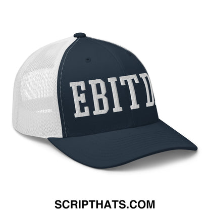 Navy blue and white mesh trucker hat with bold embroidered ebitda lettering across the front panel