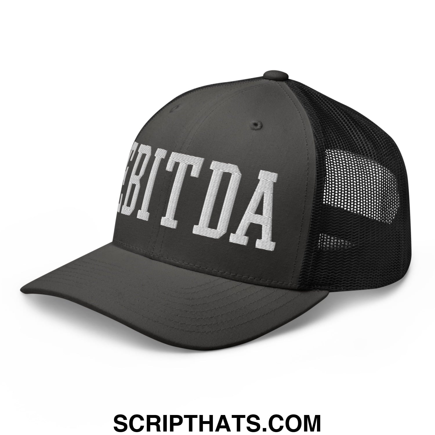 Black mesh trucker hat with white embroidered ebitda lettering across the front for casual wear