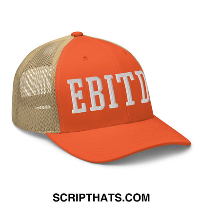 Orange and tan mesh trucker hat with white embroidered ebitda lettering and breathable design for casual wear