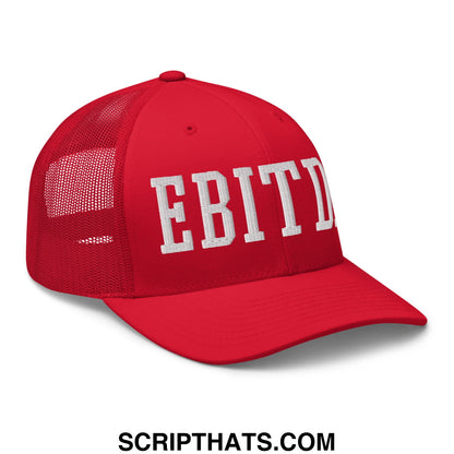 Red mesh trucker hat with white embroidered ebitda lettering across the front panel for casual wear