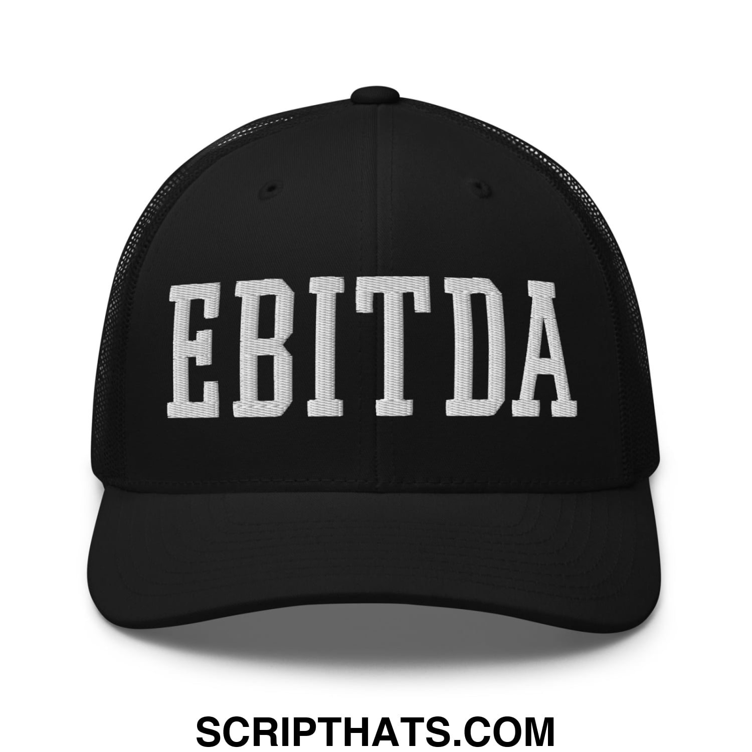 Black mesh trucker hat with white embroidered ebitda lettering across the front perfect for casual wear