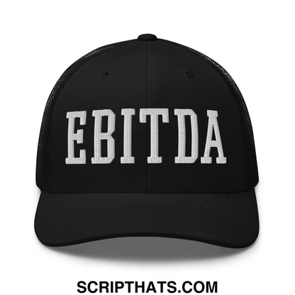 Black mesh trucker hat with white embroidered ebitda lettering across the front perfect for casual wear