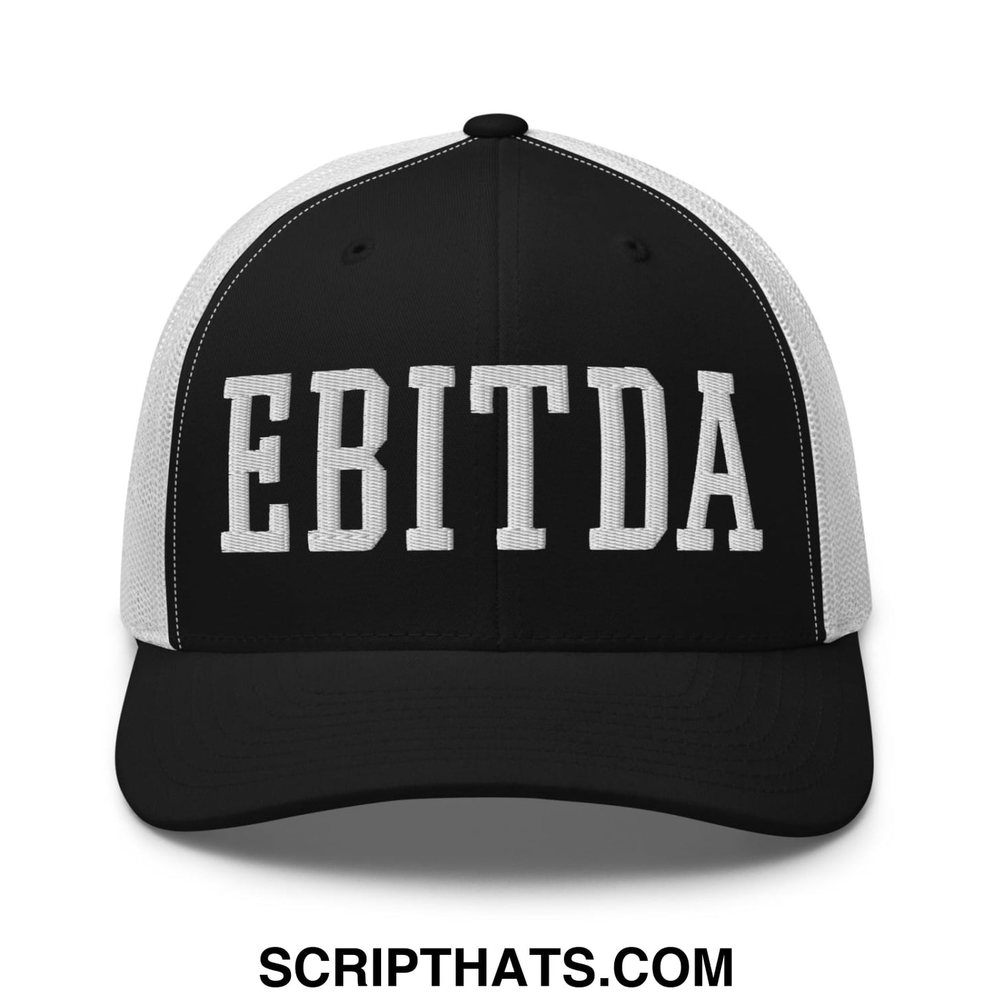 Black and white mesh trucker hat with bold embroidered ebitda lettering across the front panel