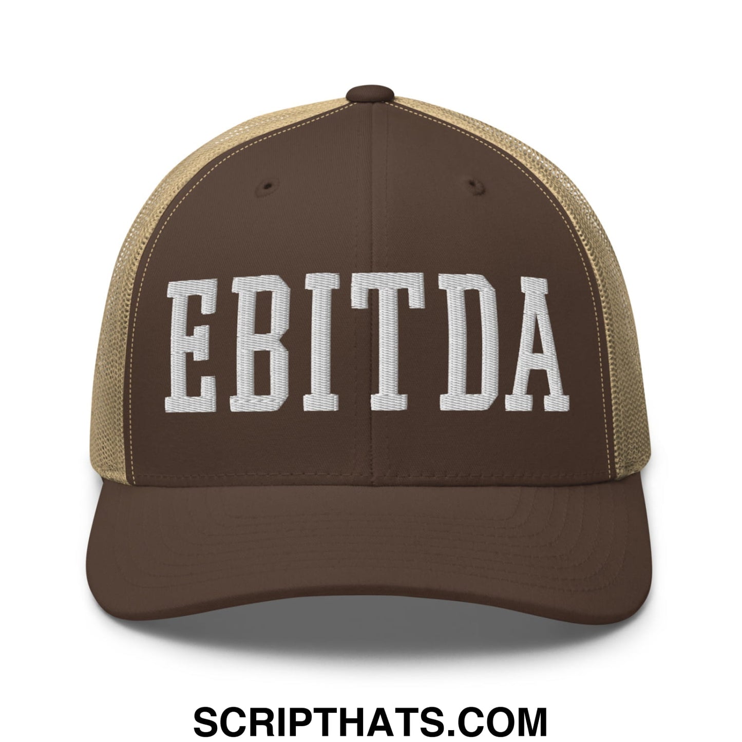 Brown and tan mesh trucker hat with white embroidered ebitda lettering on the front panel