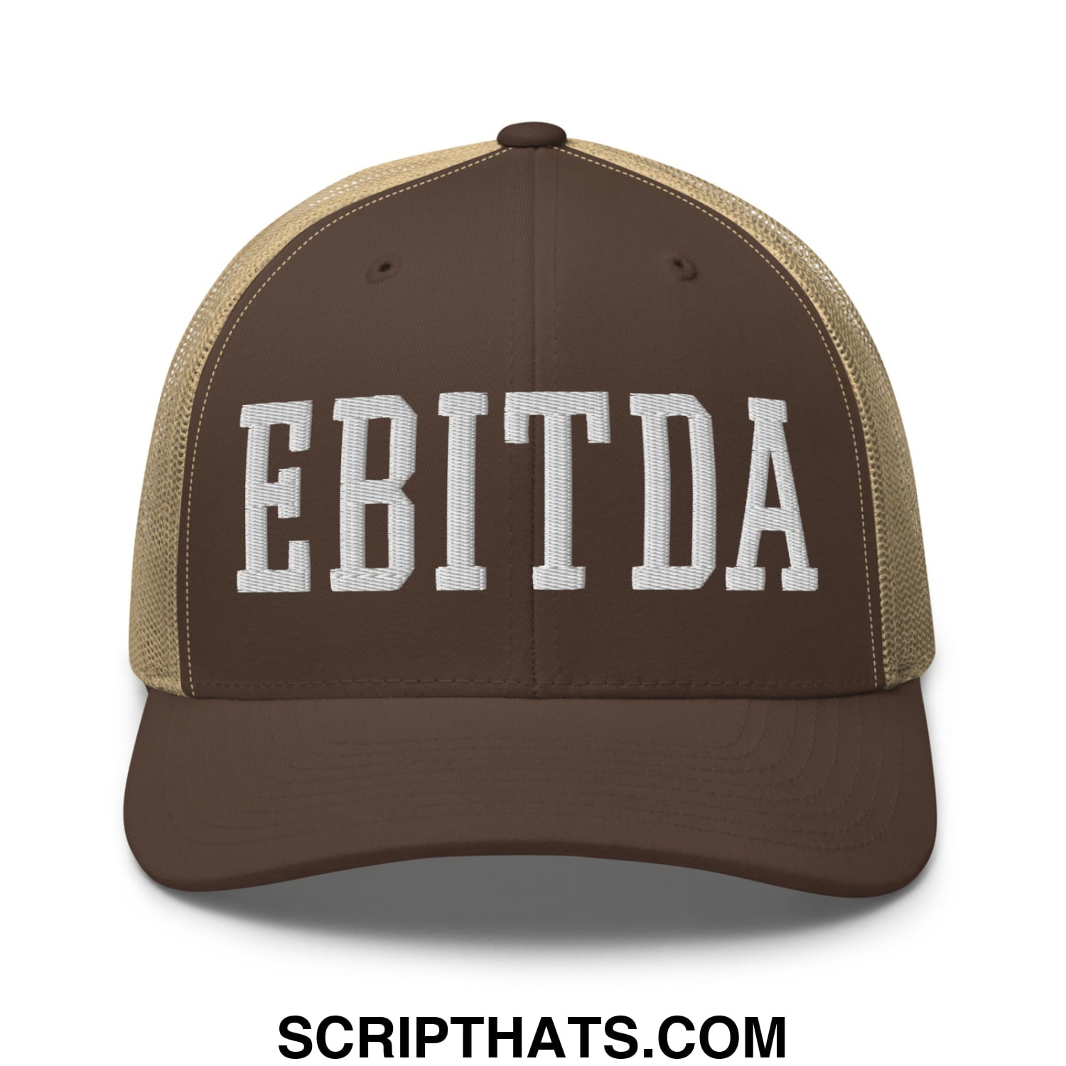 Brown and tan mesh trucker hat with white embroidered ebitda lettering on the front panel