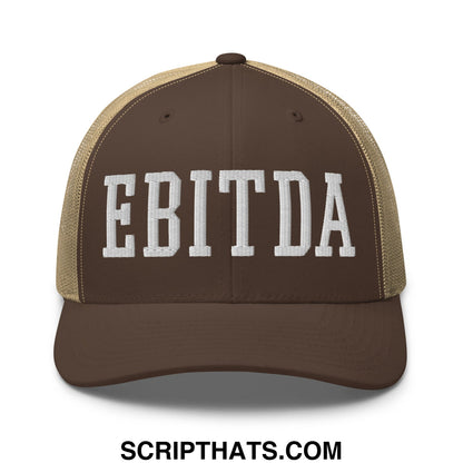 Brown and tan mesh trucker hat with white embroidered ebitda lettering on the front panel