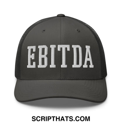 Dark gray mesh trucker hat with white embroidered ebitda lettering on front panel for casual wear