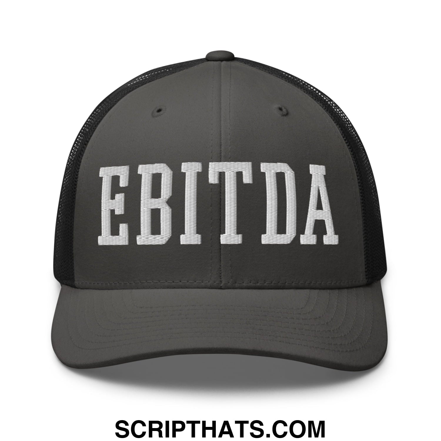 Dark gray mesh trucker hat with white embroidered ebitda lettering across the front for casual wear