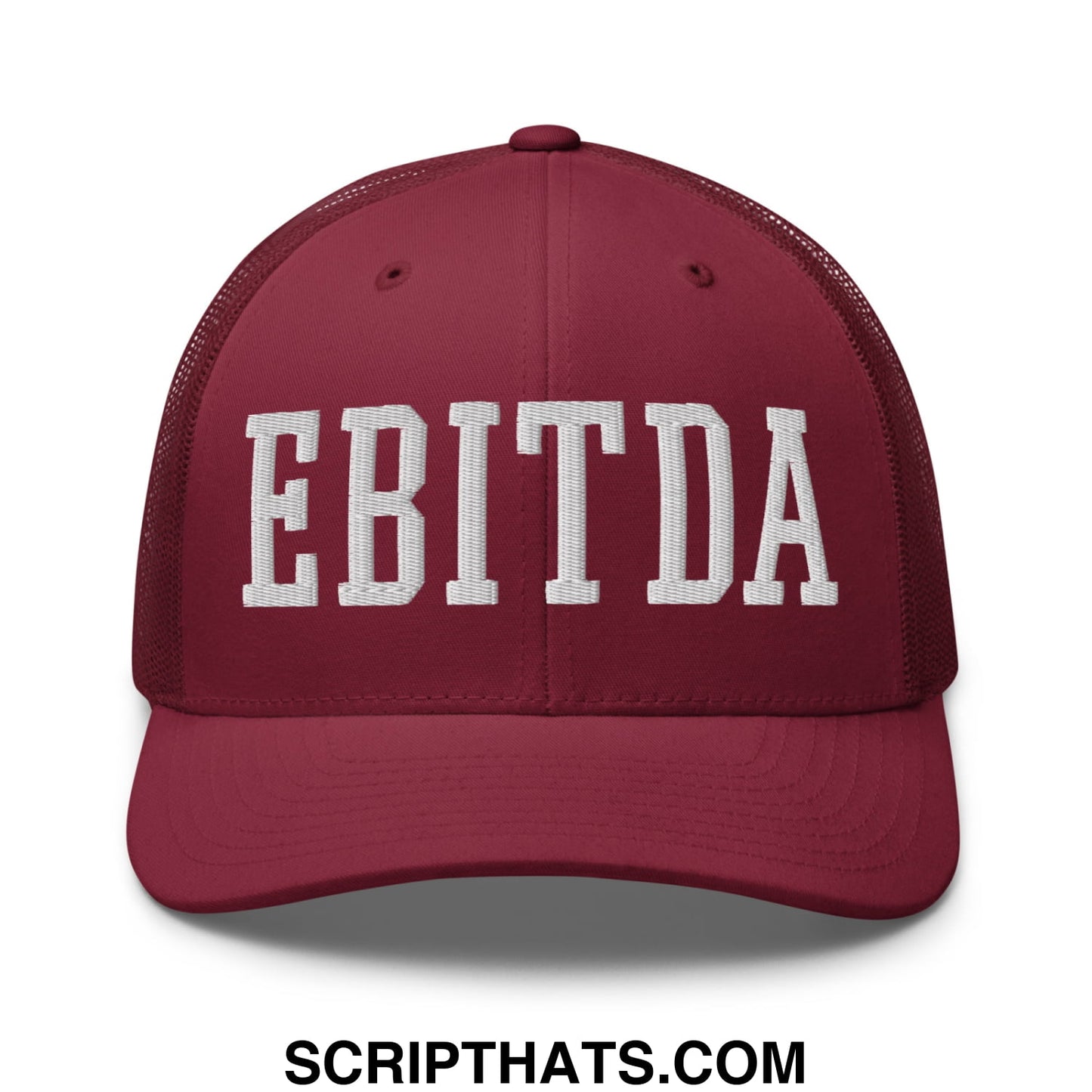 Maroon embroidered mesh trucker hat with white ebitda lettering across the front for casual wear